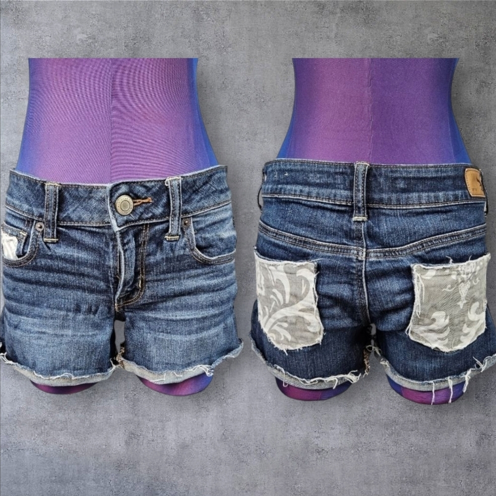 American Eagle Super Stretch Dark Wash Patchwork Denim Jean Shorts Size 4 Womens